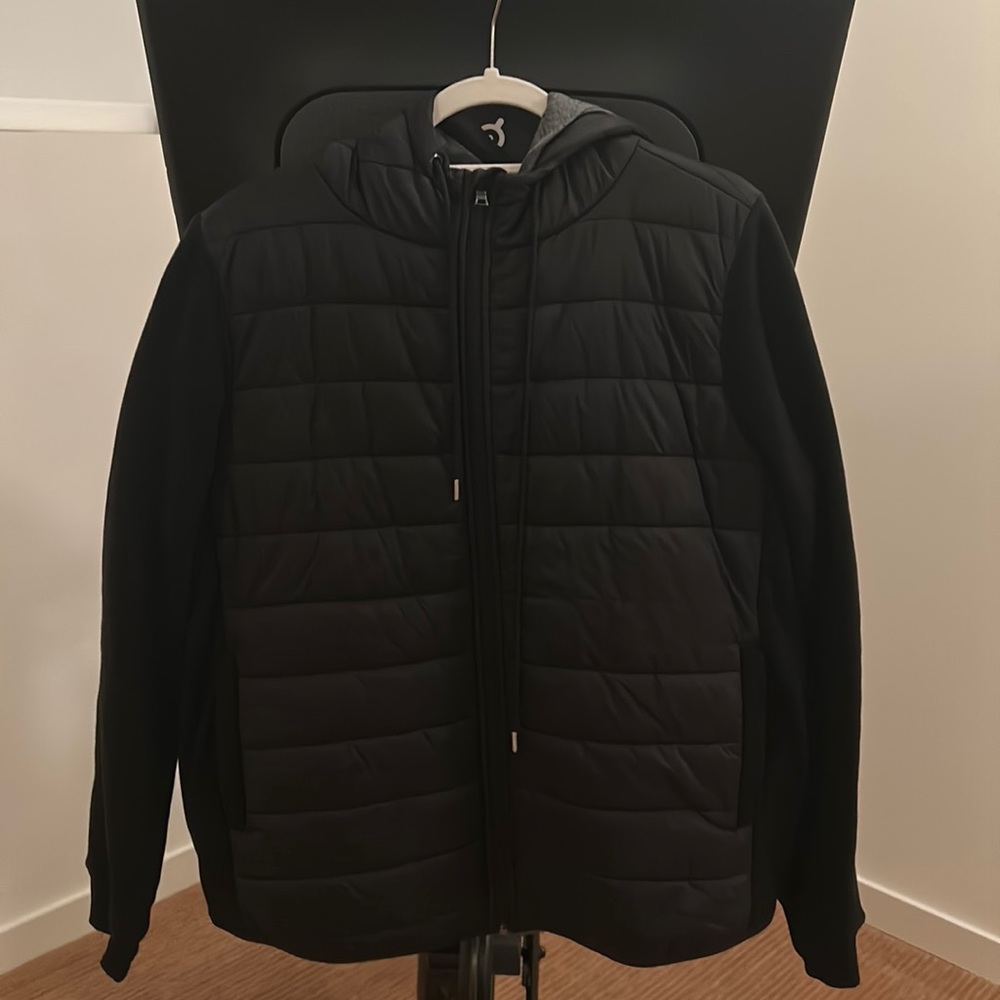 Velvet brand black hooded puffer jacket with “sweatshirt” material arms size XL